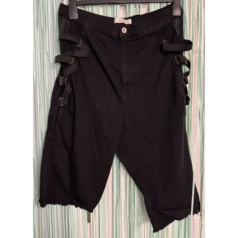 Aphrodite Black Bermuda Shorts, Elastic Fishnet Sides, Straps, Cut Off, 2XL - Picture 1 of 7